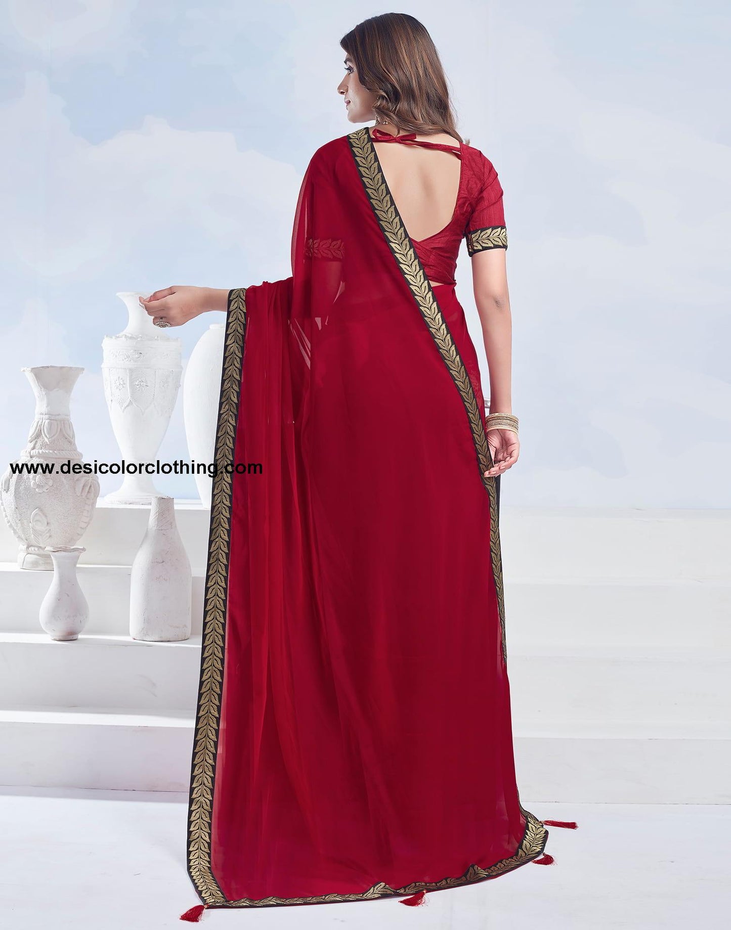 Red Plain Georgette Saree
