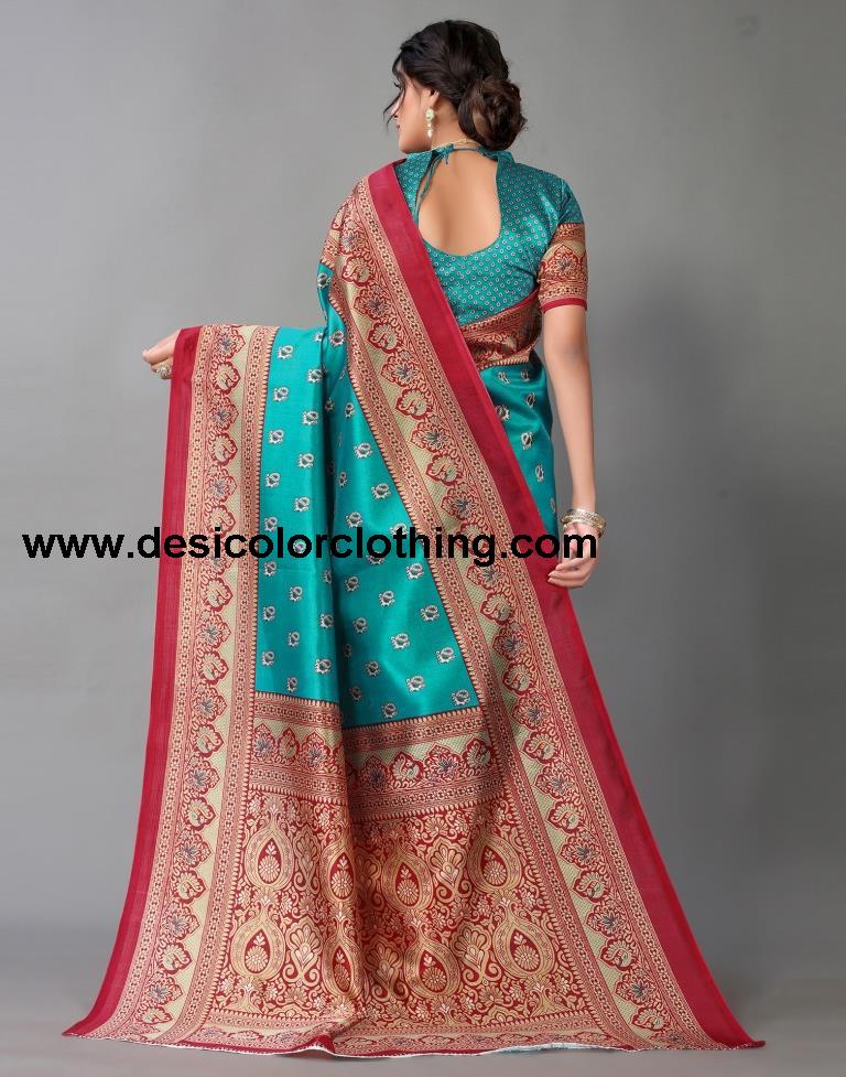 Rama Blue Printed Silk Saree