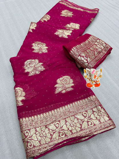 Product Image - Exquisite Blood Red Designer Saree with Viscose Zari Weaving and Diamond Work - Perfect Festive Wear