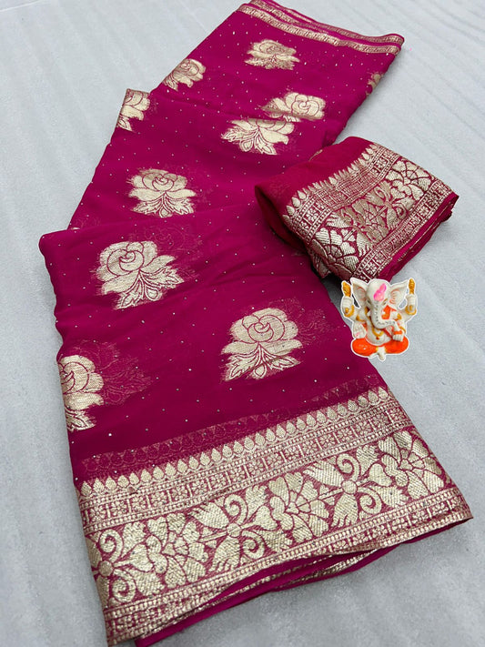 Product Image - Exquisite Blood Red Designer Saree with Viscose Zari Weaving and Diamond Work - Perfect Festive Wear
