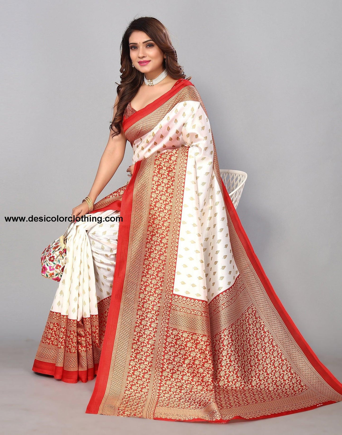 White Silk Printed Saree