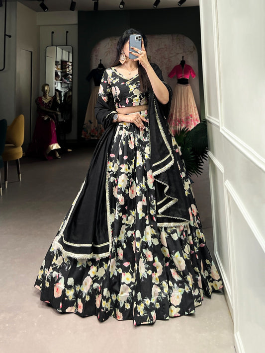 Product Image - Stunning Printed Lehenga Choli in Tussar Silk - Perfect for Weddings and Festive Wear