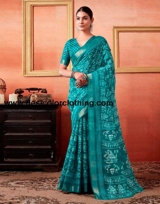 Teal Blue Cotton Zari Saree