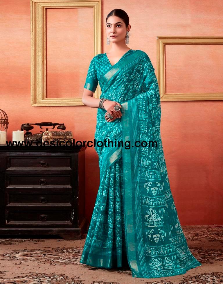 Teal Blue Cotton Zari Saree