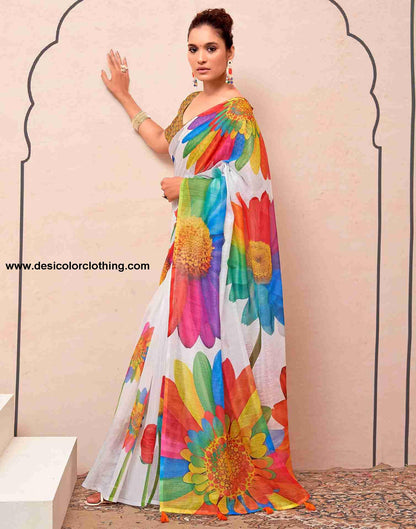 White Cotton Printed Saree