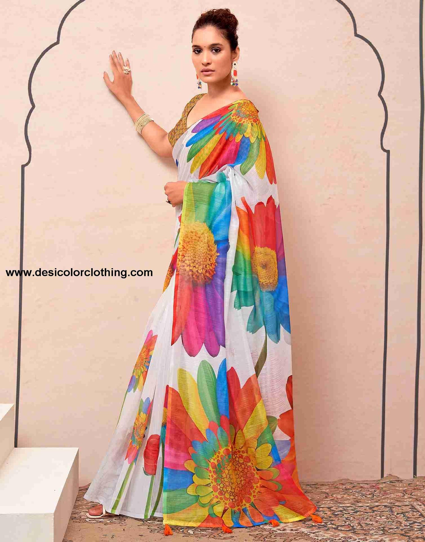 White Cotton Printed Saree