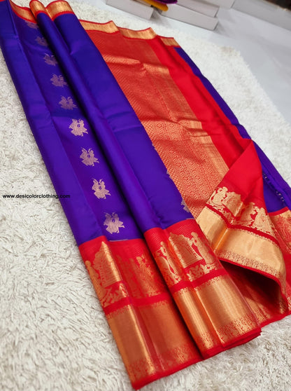 Kanchipuram 100% Pure Handwoven 1G Gold Zari Korvai Silk Saree with Big Border