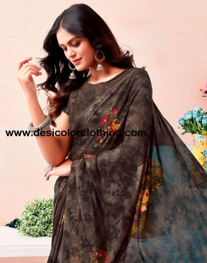 Brown Renial Printed  Saree