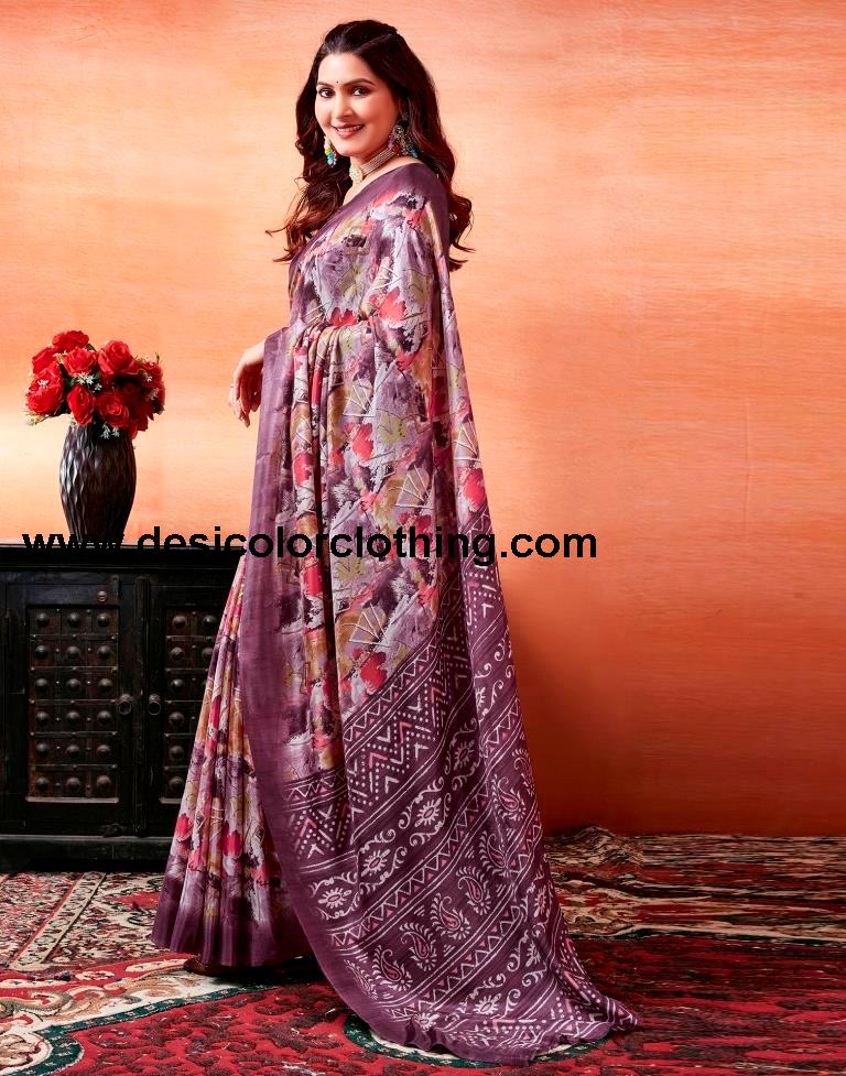 Dark Purple Silk Printed Sarees