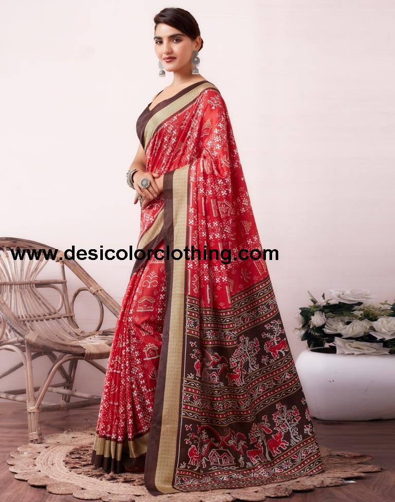 Red Silk Printed  Saree