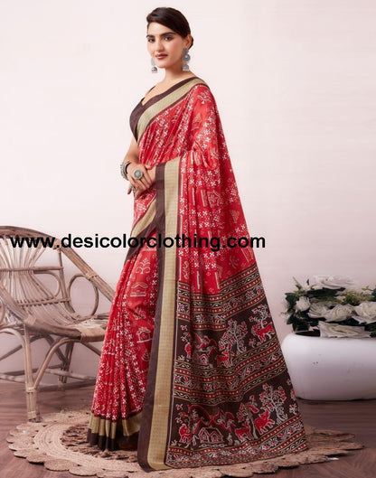 Red Silk Printed  Saree
