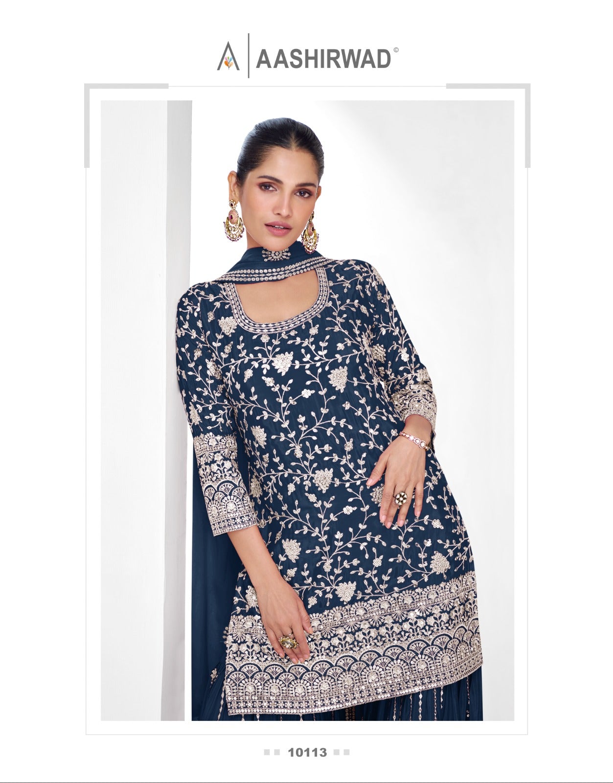Product Image - Aashirwad Vamika Gold Chinon Designer Saree - Perfect for Weddings & Festive Wear