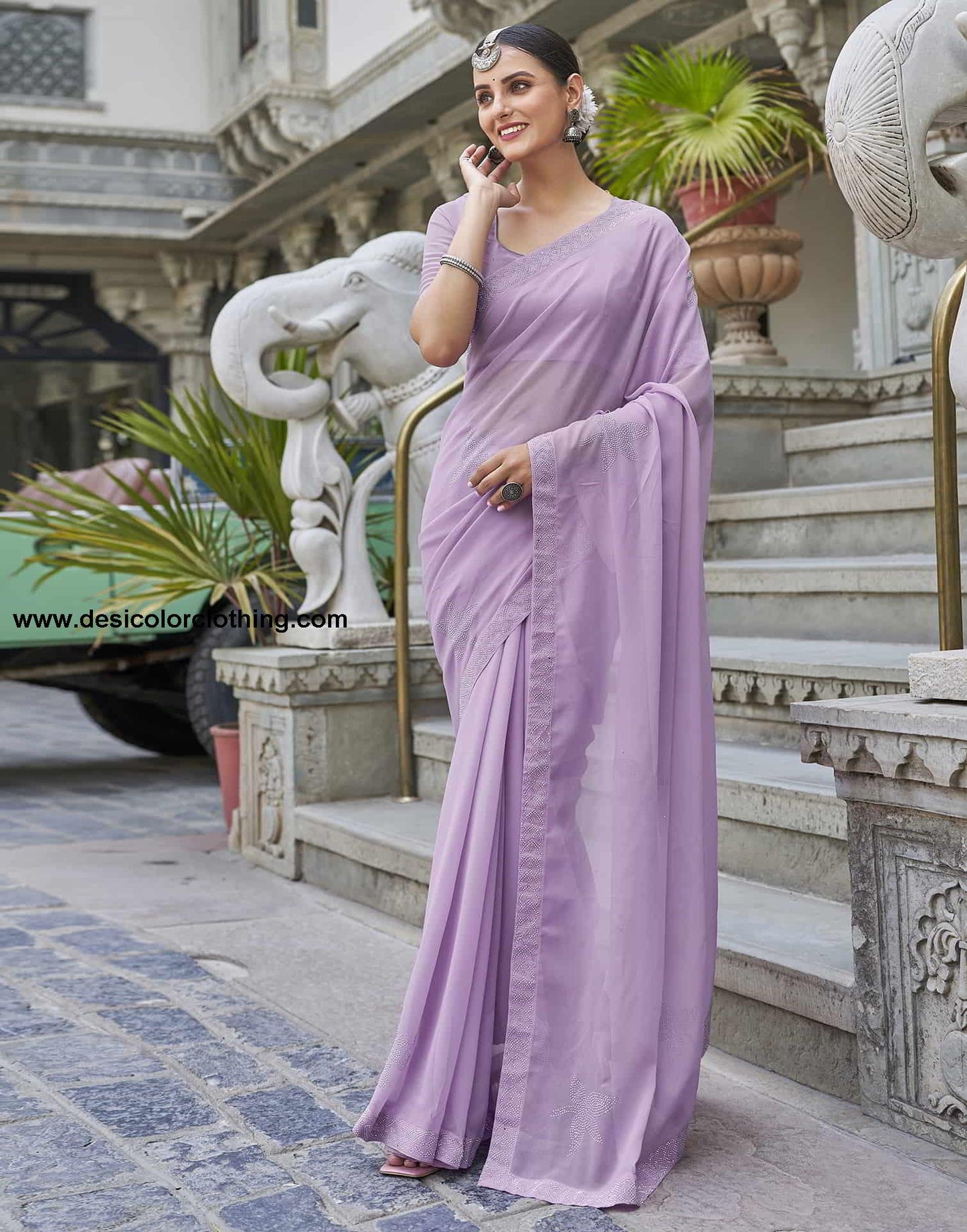 Purple Swarovski Georgette Stone Work Saree