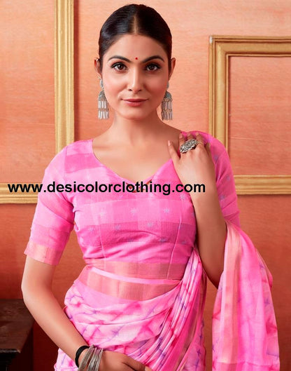 Pink Cotton Zari Saree
