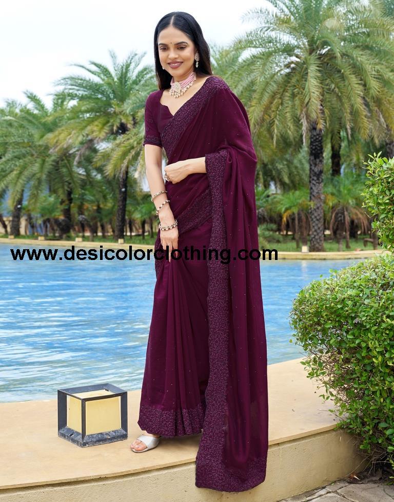 Wine Plain Silk Saree