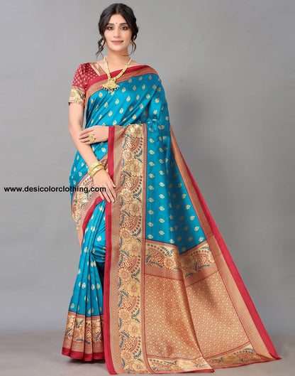 Peacock Blue And Beige Silk Saree