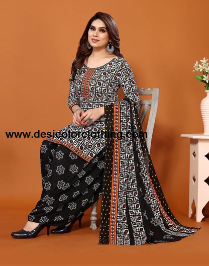 Black Printed Cotton Unstitched Salwar Suit Material