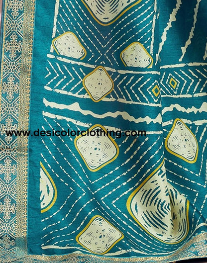 Teal Blue Silk Printed Saree