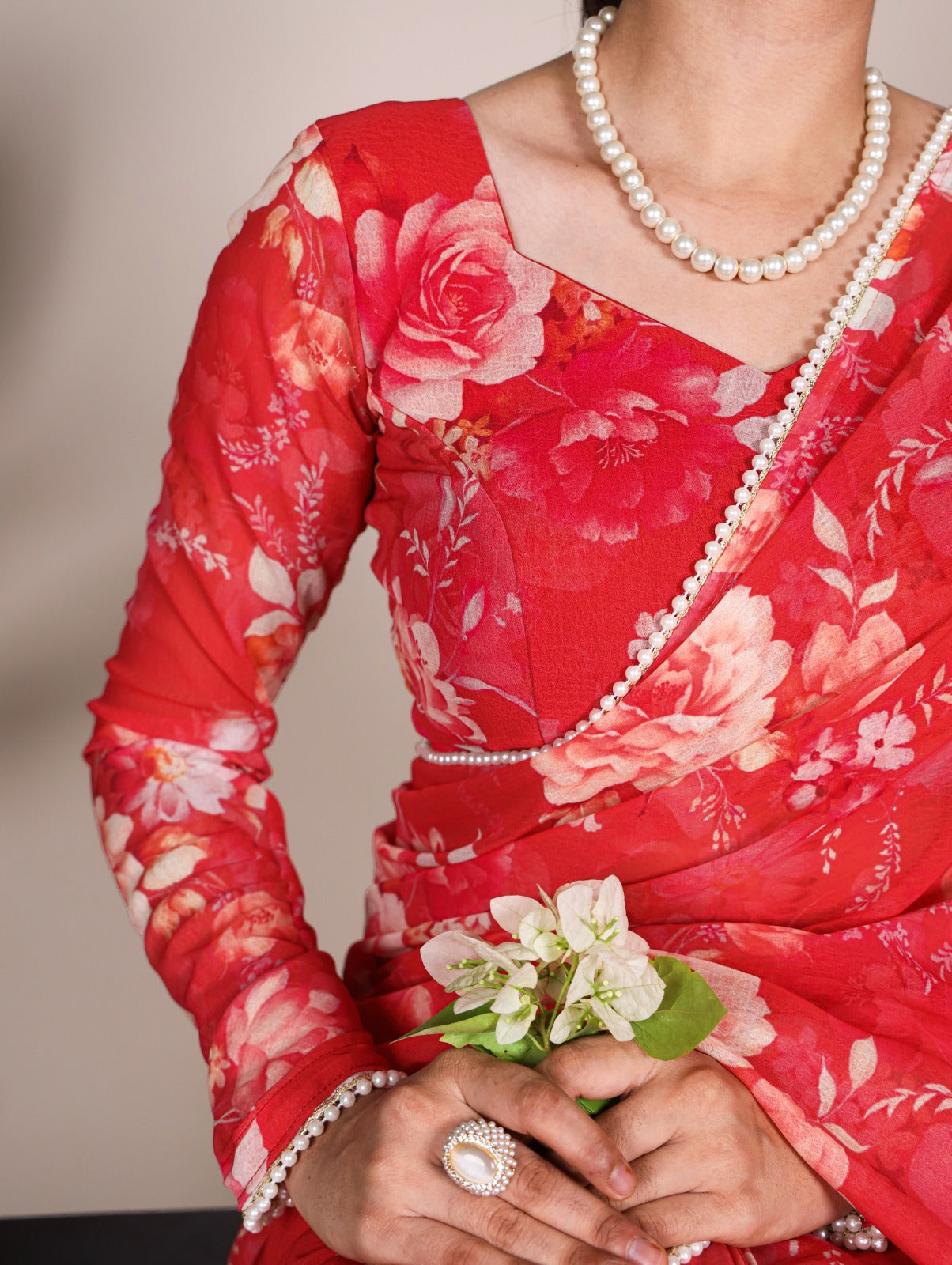 Product Image - Elegant Weightless Marbal Georgette Saree with Pearl Lace Border