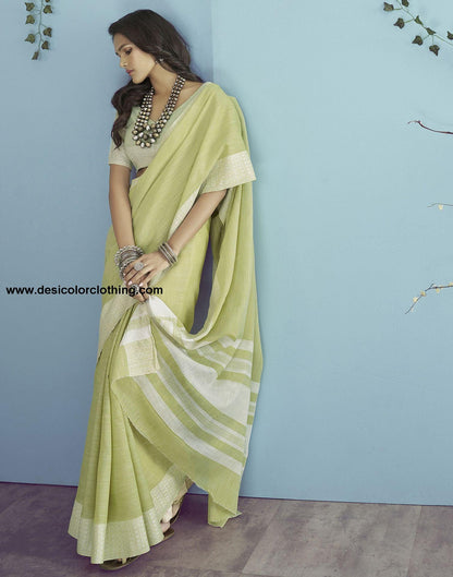 Pista Green Self Woven Plain Cotton Saree