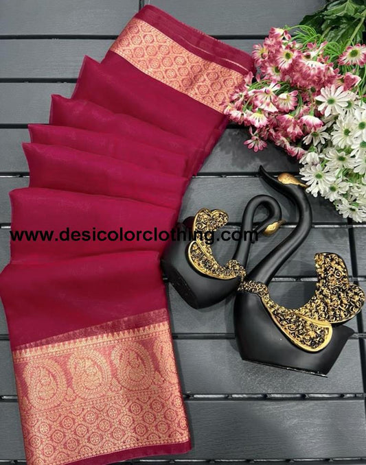 Rani Pink Organza Plain Saree