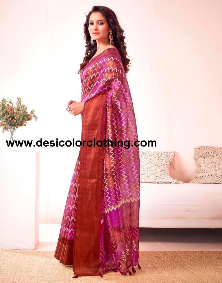 Rust Cotton Printed Saree