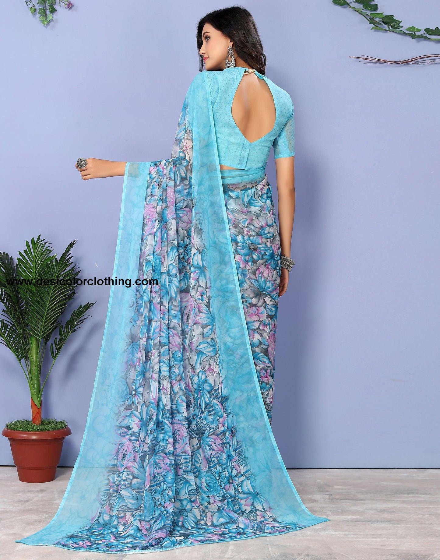 Sky Blue Georgette Floral Printed Saree