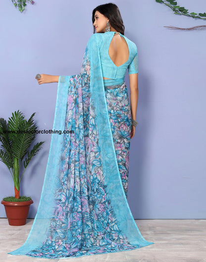 Sky Blue Georgette Floral Printed Saree