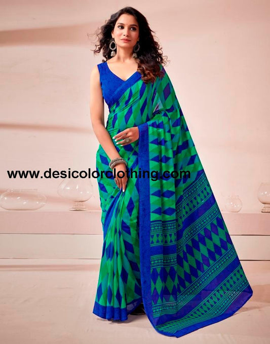 Dark Blue Georgette Printed Saree
