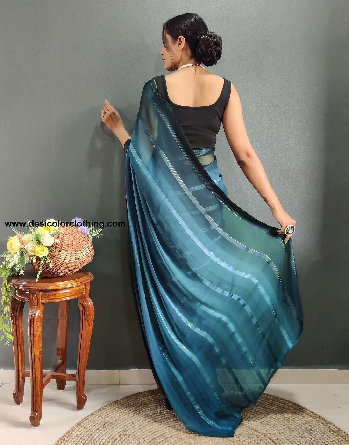 Teal Blue Weaving Georgette Pre-draped Saree