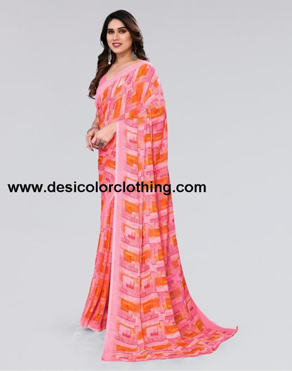 Rose Pink Printed Georgette Saree