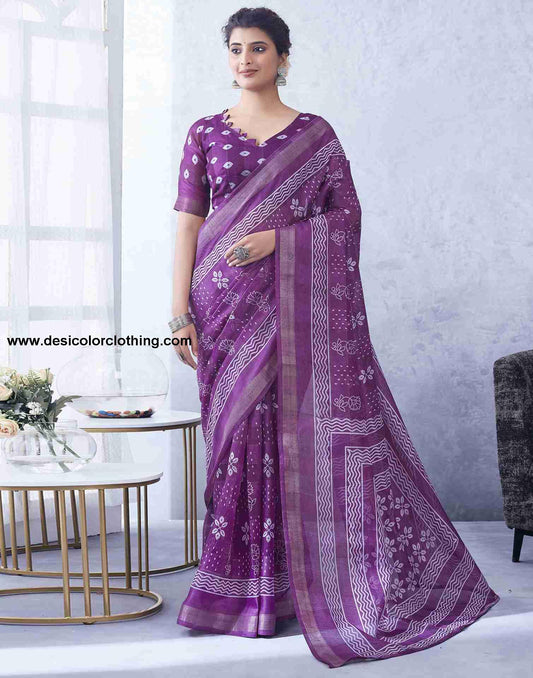 Purple Cotton Printed Saree