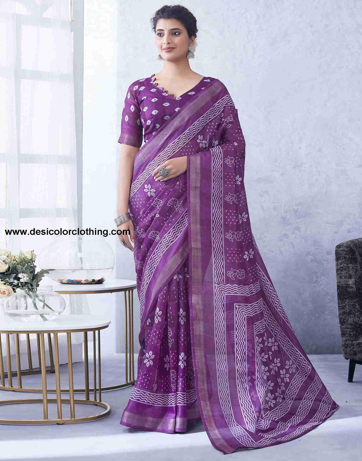 Purple Cotton Printed Saree
