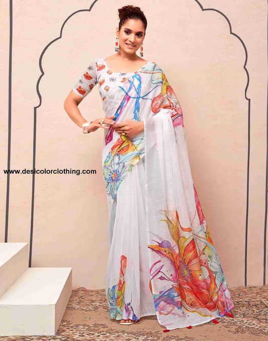 White Cotton Printed Saree