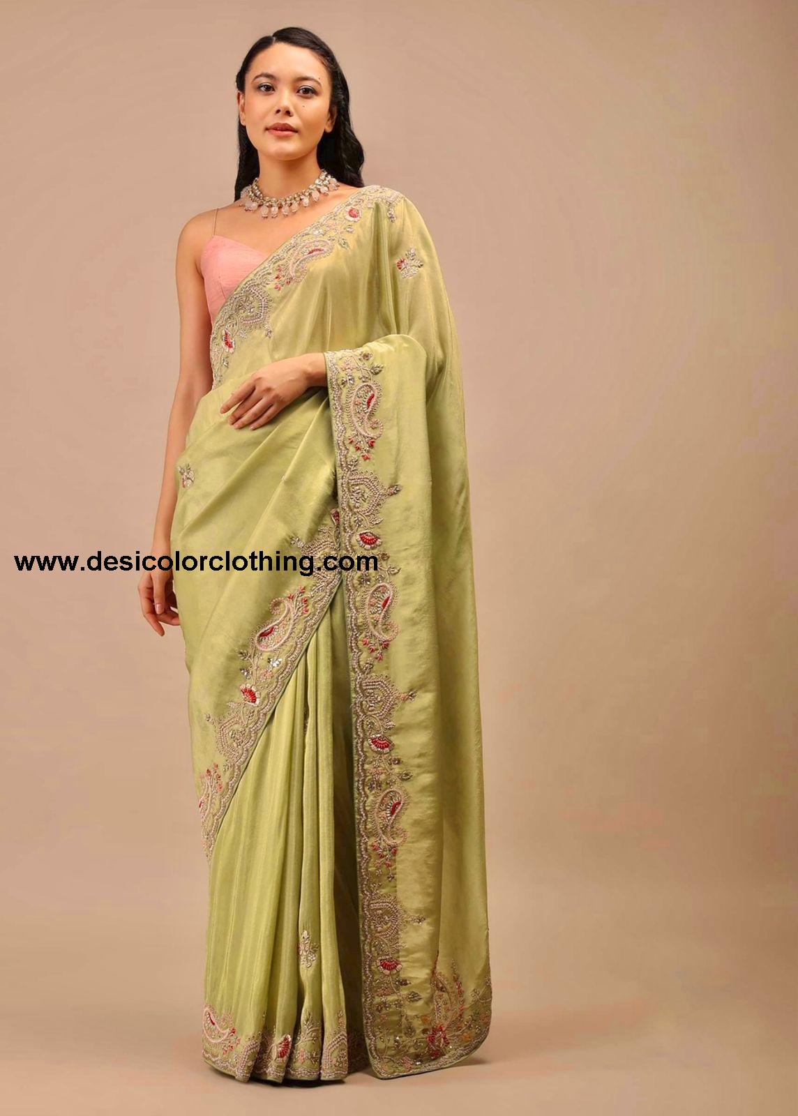 Premium Diamond Chinon Silk Saree with Heavy Embroidery