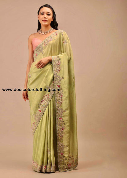 Premium Diamond Chinon Silk Saree with Heavy Embroidery