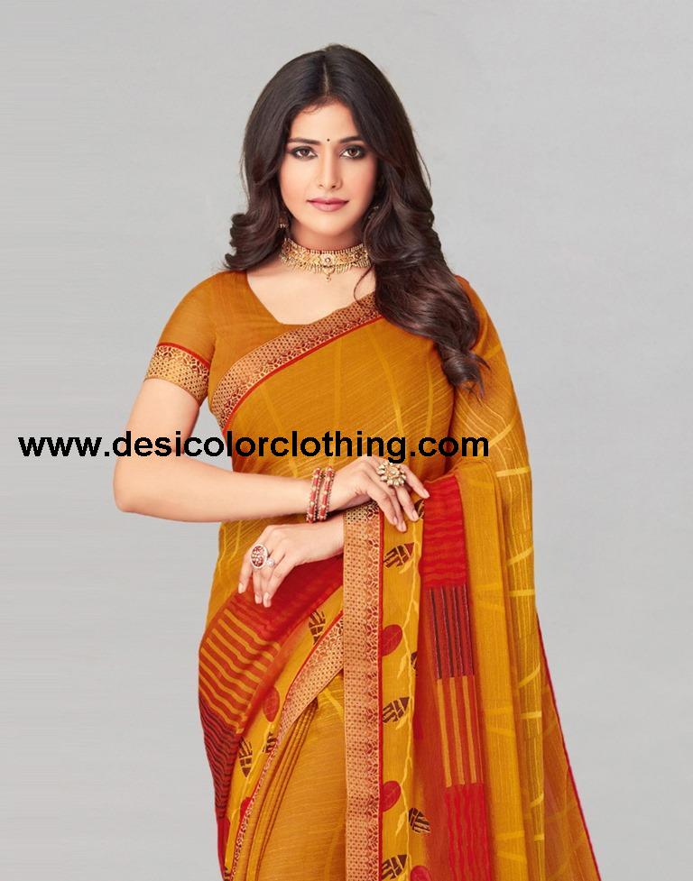 Turmeric Yellow Coloured Chiffon Printed Saree | SLV2206S942