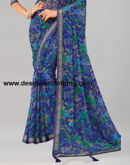 Royal Blue Printed Chiffon Saree | 1976S511