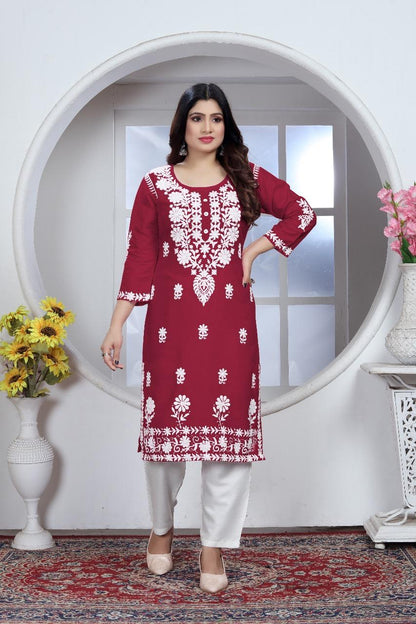 Product Image - Designer Chikankari Rayon Kurti and Pant Set | Ethnic Wear