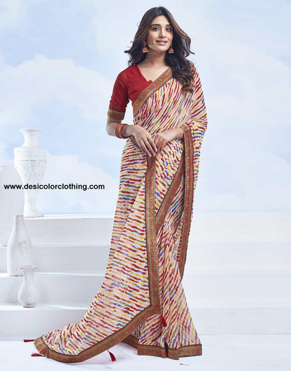 Cream Printed Chiffon Leheriya Saree