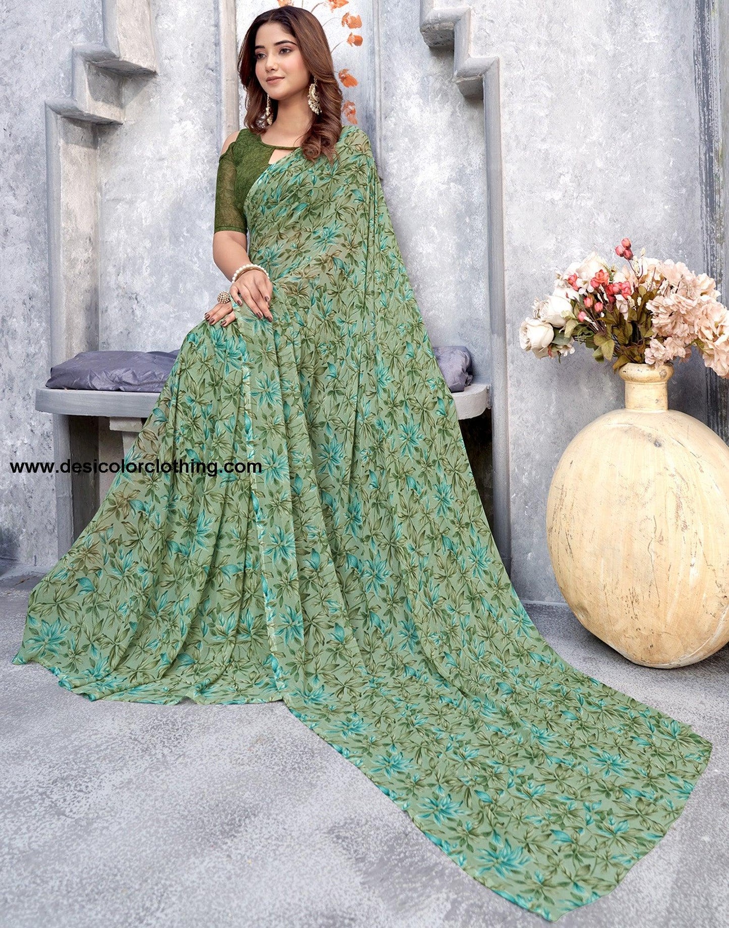 Dusty Green Georgette Printed Saree