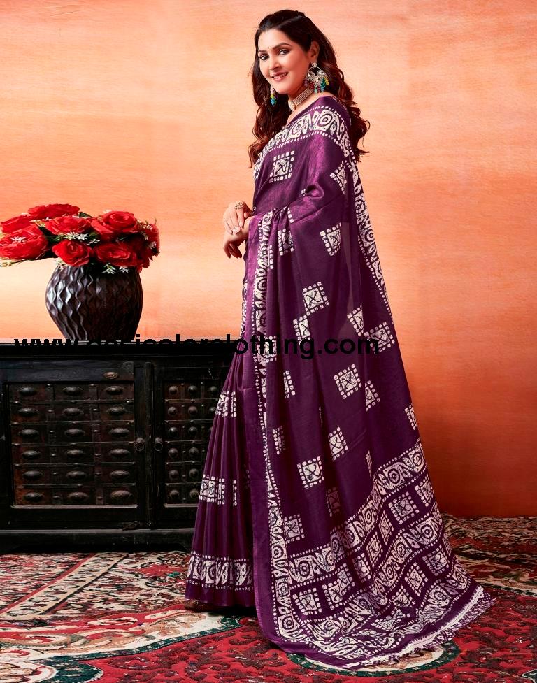 Dark Purple Silk Printed Sarees