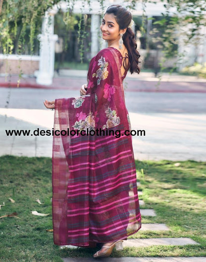 Dark Purple Cotton Printed Saree