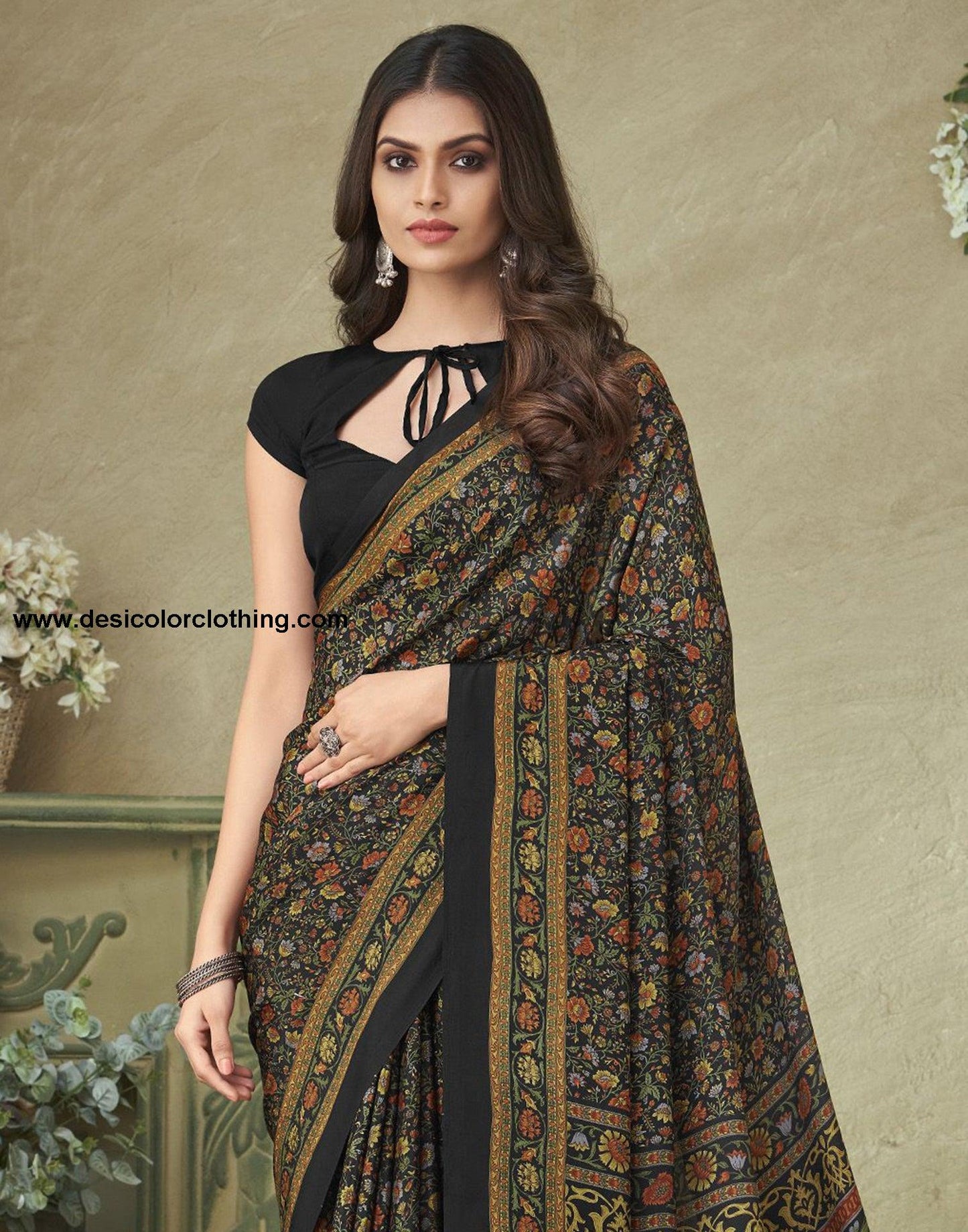 Black And Multicoloured Silk Floral Printed Saree