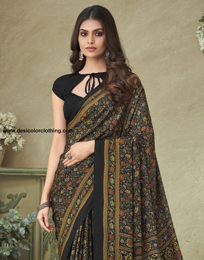 Black And Multicoloured Silk Floral Printed Saree