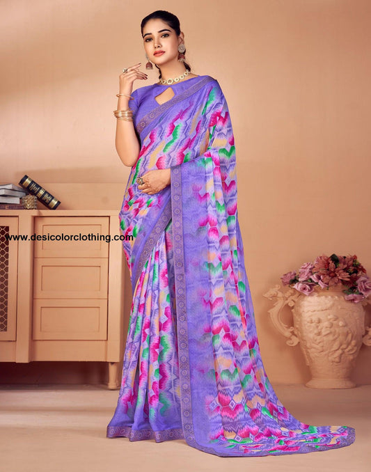 Purple Printed Chiffon Saree