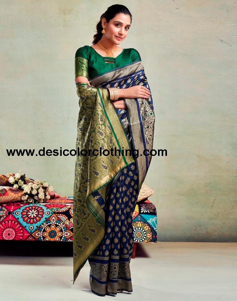 Dark Blue Silk Woven Saree