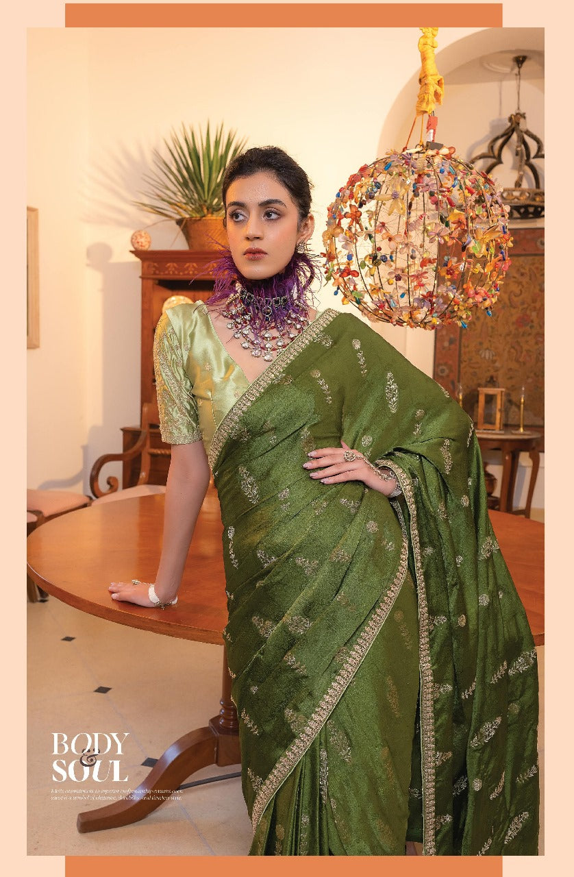 Product Image - Kamya Silk Designer Saree by Kira - Pure Satin with Hand Dyeing & Embroidery