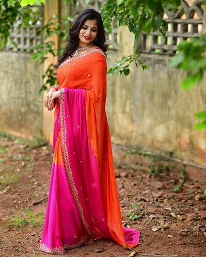 Product Image - Elegant Chinnon Saree with Heavy Embroidery and Jari Work