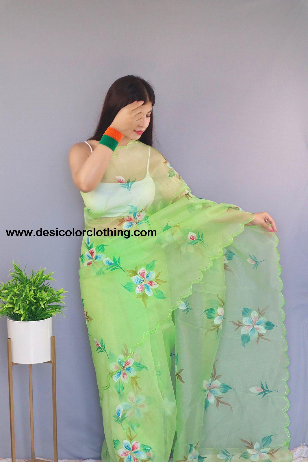 Beautiful Hand-Painted Organza Silk Saree – A Blend of Artistry and Elegance